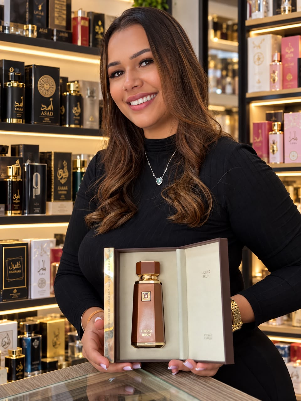 Carla Cruz na loja, segurando um perfume Liquid Brun